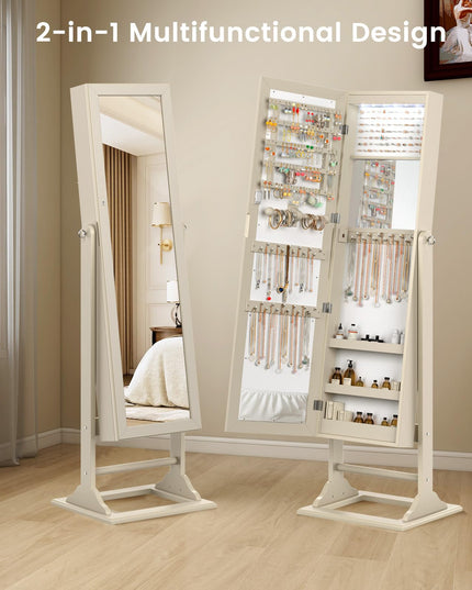 CHARMAID Jewelry Armoire with Full Length Mirror, Lockable Jewelry Cabinet with Large Jewelry Storage, 6 LED Lights, Inner Makeup Mirror