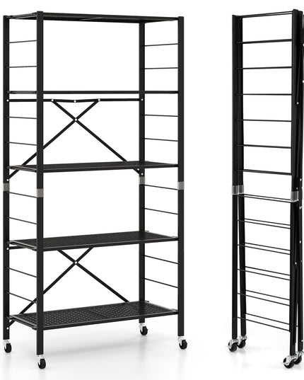 Giantex 5-Tier Folding Bookshelf with Wheels of 1/2, 60" Tall Foldable Metal Shelves for Storage