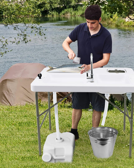 Giantex Fish Cleaning Table with 2 Sinks, Faucet, Garage Holder, Portable Folding Camping Table with Measuring Mark