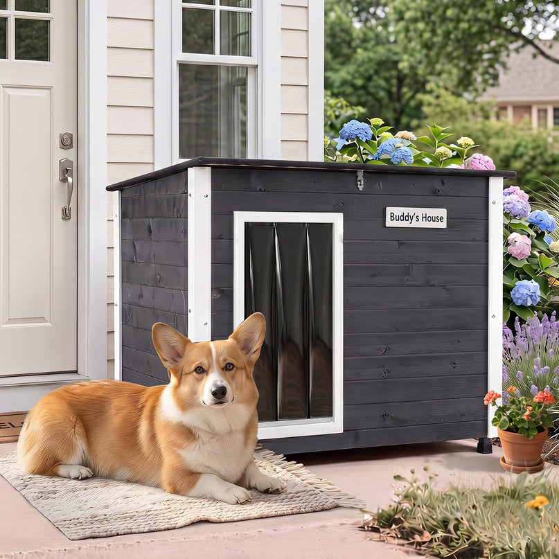 Giantex 34"/42.5" LWooden Dog House with Openable Asphalt Roof