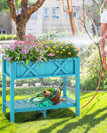 Giantex HIPS Raised Garden Bed, Elevated Planter Box w/Legs, Storage Shelf, Drain Holes