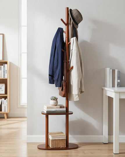 Giantex Coat Rack Freestanding | 70" Solid Wood Clothing Rack with 8 Hooks and 2 Storage Shelves