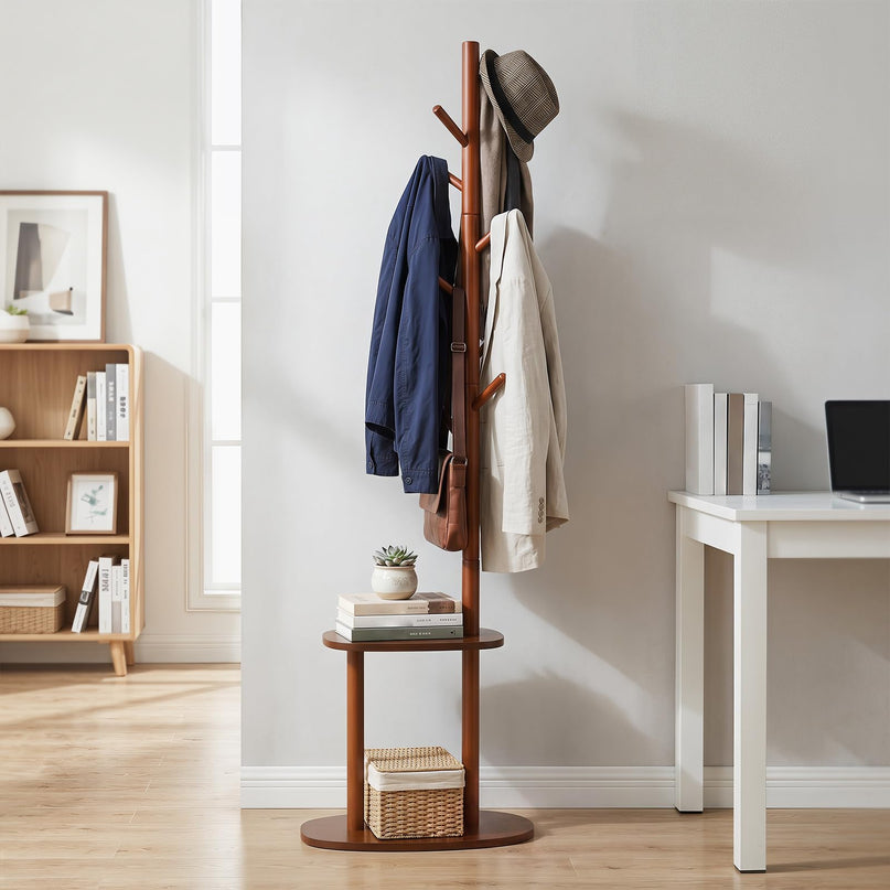Giantex Coat Rack Freestanding | 70" Solid Wood Clothing Rack with 8 Hooks and 2 Storage Shelves