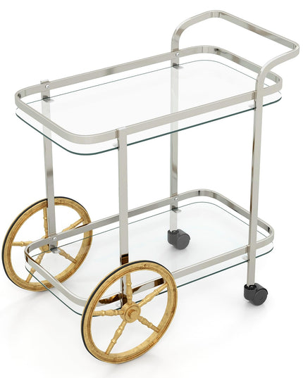 Giantex 2-Tier Bar Cart, Stylish Rolling Serving Cart w/Tempered Glass Shelves