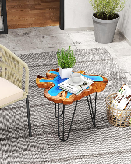 Giantex 21” Teak Wood Outdoor Side Table - Epoxy Resin End Table with Irregular Tabletop