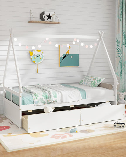 Giantex Twin Bed with 2 Storage Drawers, Wood Montessori House Tent Bed Frame with Safety Guardrail