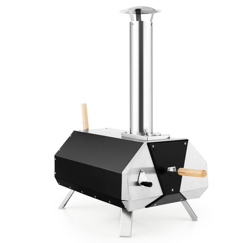 Giantex Outdoor Pizza Oven, Wood Pellet Fired Pizza Grill with 12'' Pizza Stone, Pizza Peel, (Black & Silver)