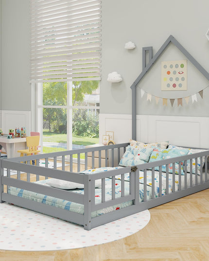 Giantex Twin Floor Bed, House-Shaped Montessori Bed Frame with Headboard, Full-Length Guardrail