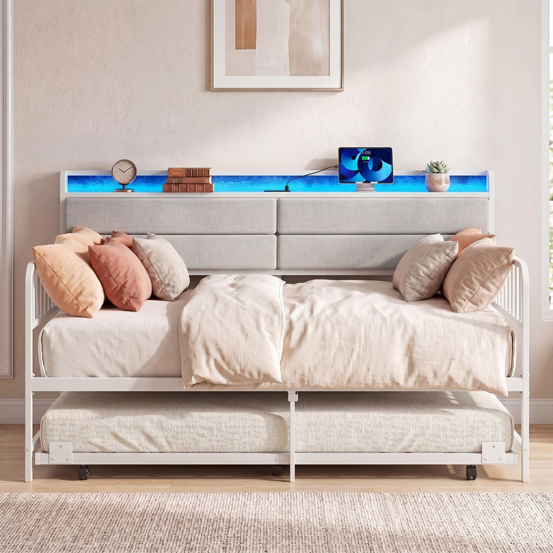 Giantex Daybed with Trundle Twin Bed Frame with LED Lights