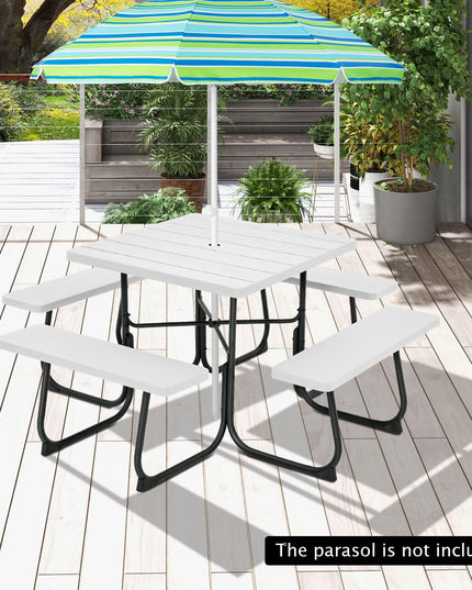 Giantex Picnic Table Set for 4-8 Persons, Outdoor Table and Bench Set with Umbrella Hole, HDPE Top & Metal Frame