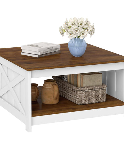 Giantex 31 Inch Farmhouse Square Wood Coffee Table with Storage Shelf  Open Compartment
