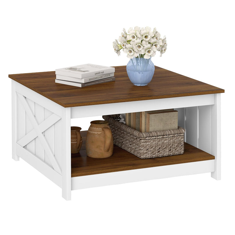 Giantex 31 Inch Farmhouse Square Wood Coffee Table with Storage Shelf  Open Compartment