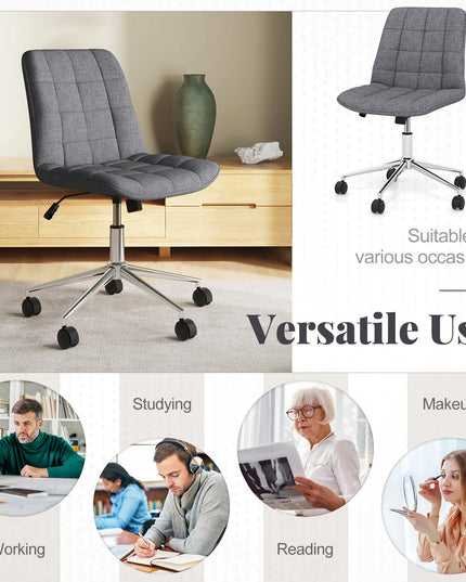 Giantex Armless Office Chair, Linen Fabric Vanity Chair with Wheels & Adjustable Height, 360° Rolling Swivel Task Computer Chair
