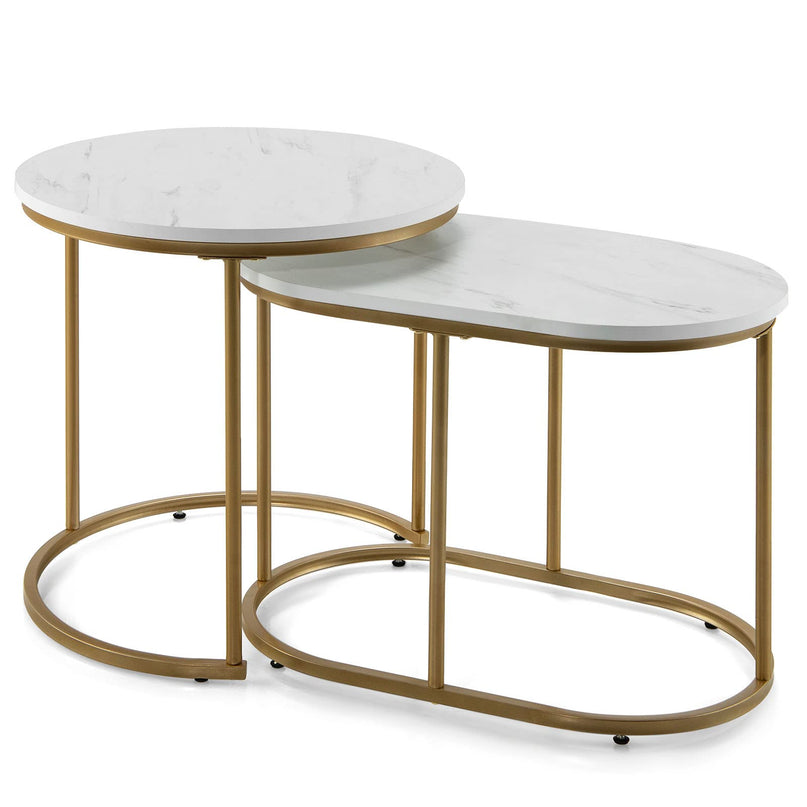Giantex Modern Nesting Coffee Table Set of 2, Accent Marble Look Stacking Side Table for Living Room Bedroom
