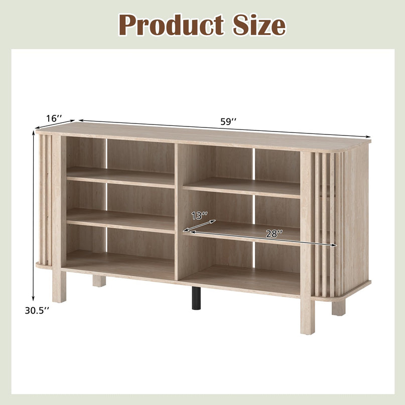 Meuble TV Giantex de 150 cm pour téléviseurs jusqu'à 55 pouces avec étagères réglables et décoration à lattes unique