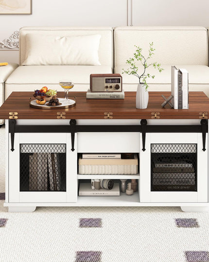 Table basse relevable de style rustique Giantex avec 2 portes coulissantes de grange et 3 compartiments de rangement cachés