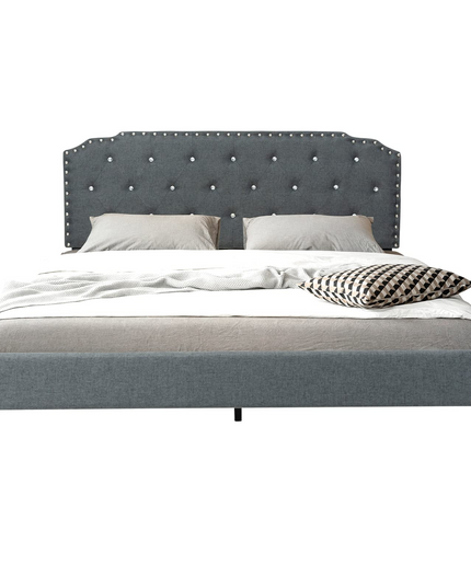 Upholstered Bed Frame w/ Adjustable Headboard, Crystal Tufted Soft Platform Bed Frame w/ Wooden Slats