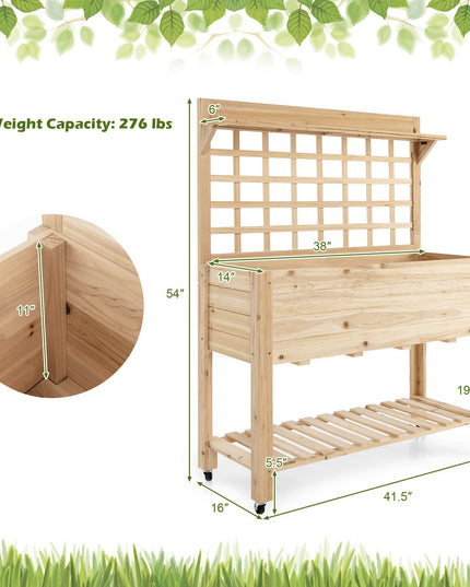 Giantex Raised Garden Bed on Wheels, Wood Planter with Trellis, Black Liner Storage Shelf