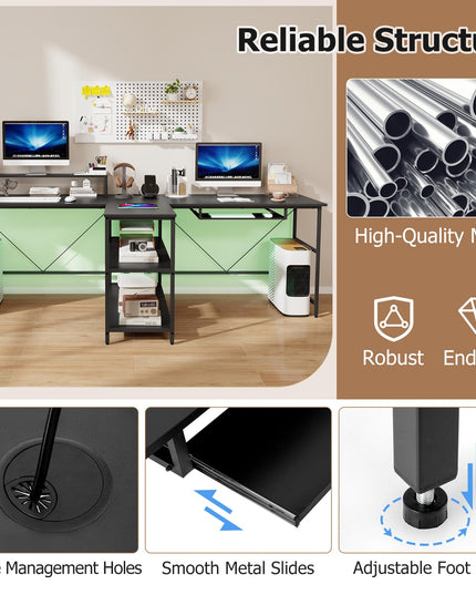 Giantex 94.5” 2 Person Desk with LED Lights, Long PC Study Desk with Storage Shelves, Power Outlets