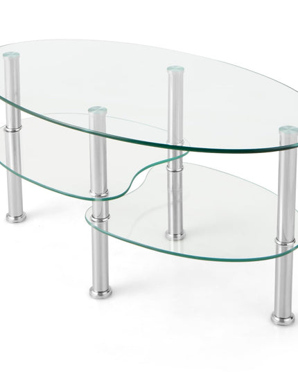 Giantex Oval Glass Coffee Table - 3-Tier Transparent Tempered Glass Center Table with Metal Stand, 35"× 20" ×18"