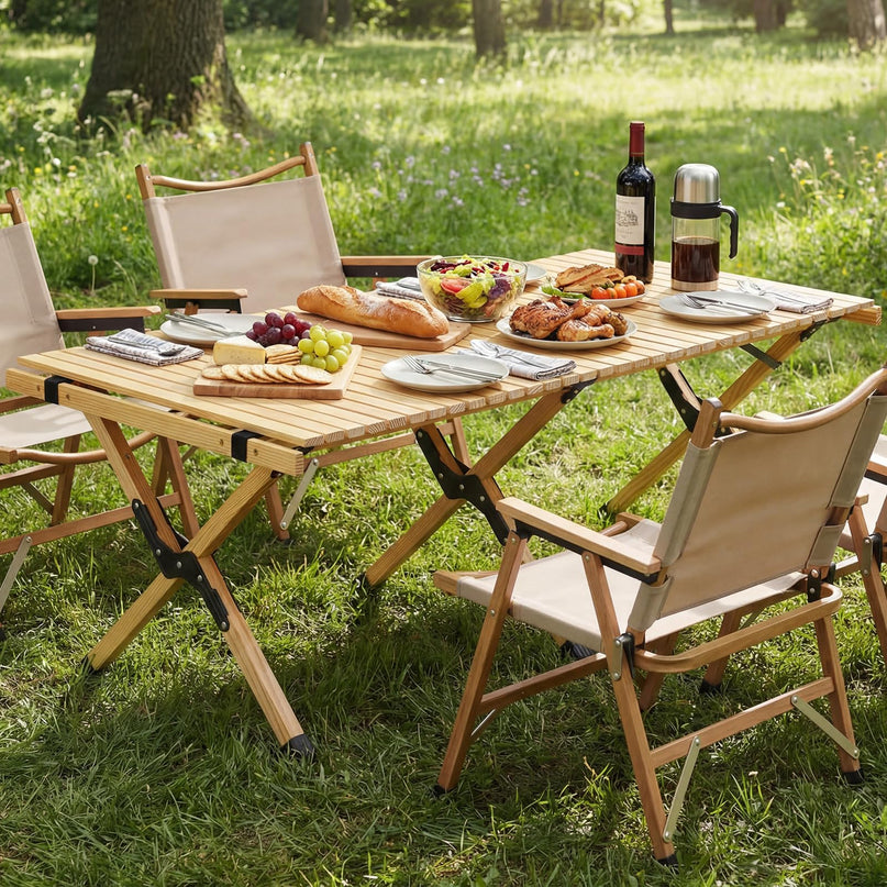 Giantex Portable Roll-Up Pine Wood Picnic Table with Carry Bag
