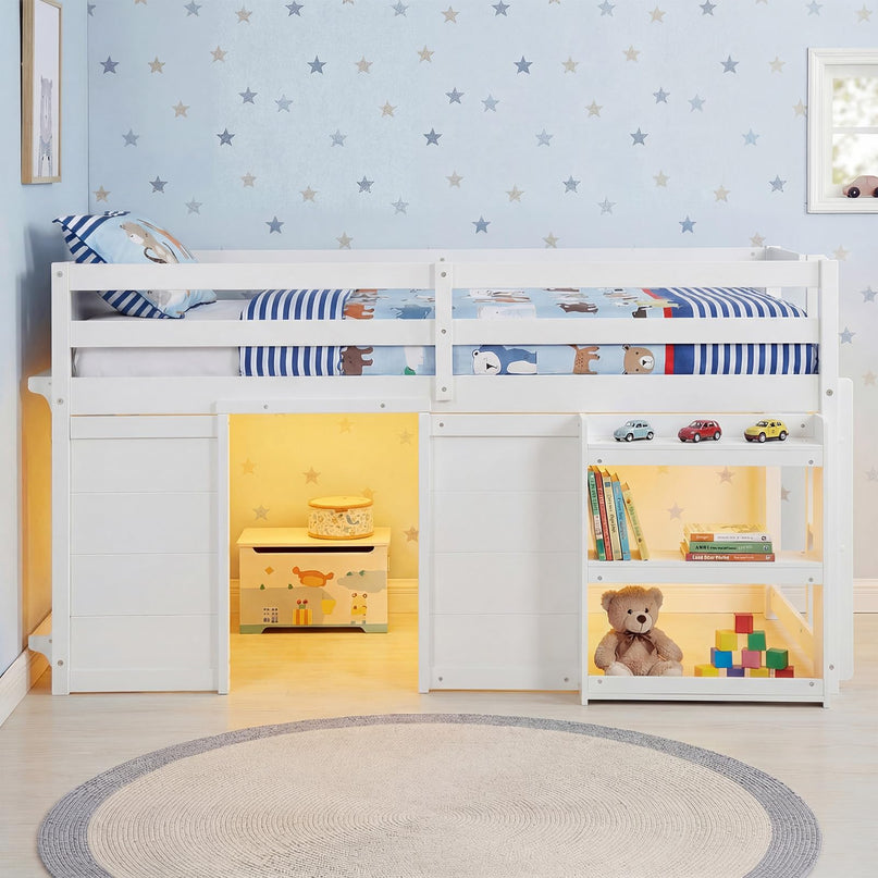 Giantex Loft Bed Twin Size with LED Lights with Under-Bed Play Space & Storage Bookcase