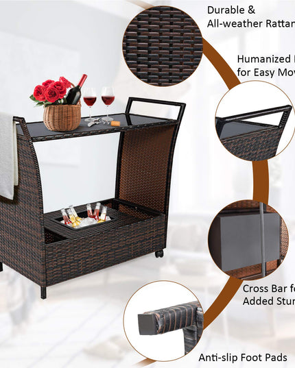 Giantex Rolling Wicker Cart Rattan Bar Cart Outdoor Serving Cart Wicker Trolley Portable Kitchen Trolley Cart W/Shelves and Big Drawer