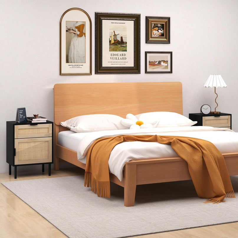 Giantex Table de Chevet en Rotin (Lot de 2), Table d'Appoint Mid-Century Moderne avec Tiroir et Armoire, Table d'Extrémité de Canapé avec Pieds en Métal Robustes