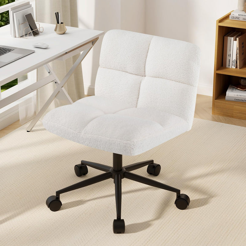 Giantex Criss Cross Chair with Wheels, Faux Fur Cross Legged Office Chair, Armless Wide Desk Chair