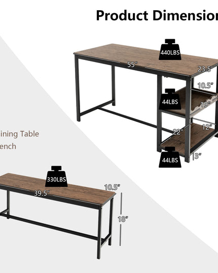 Giantex 3-Piece Dining Table Set for 4, Rustic Kitchen Dinner Table with 2 Benches