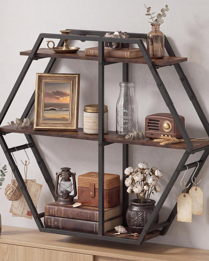 GIANTEX Industrial Hexagon Wall Shelf with 3-Tier Storage Shelves & 4 Hooks