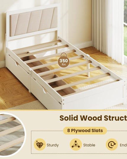Giantex Wood Twin Bed with 2 Storage Drawers, Solid Wood Platform Bed with Upholstered Headboard