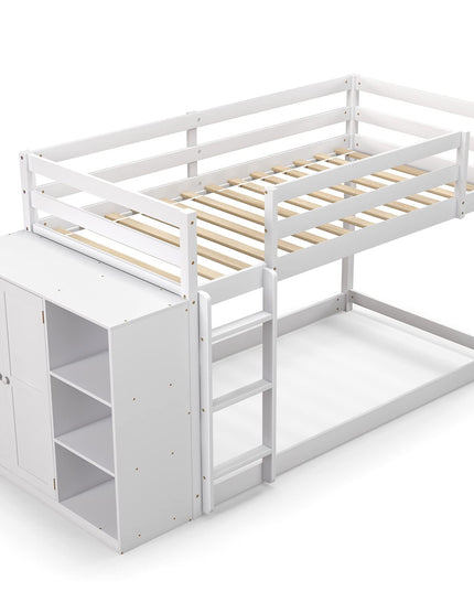 Giantex Twin Over Twin Bunk Bed with Storage Shelves, Solid Wood Bunk Bed Frame with Convertible Bookcase & Ladder, White