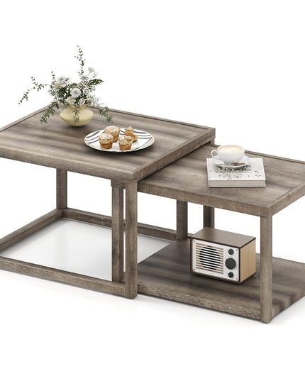 Giantex Stackable Nesting Coffee Table Set of 2 with Storage Shelf & Rubber Wood Frame
