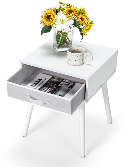 End Table Accent Bedside Table W/ 1 Removable Fabric Drawer and Solid Wooden Legs