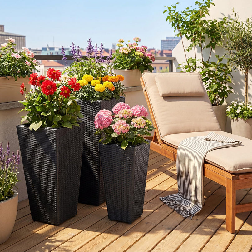 Giantex Lot de 3 jardinières hautes | Jardinières coniques en rotin de 76,2 cm, 55,9 cm et 47 cm de haut avec bacs intérieurs amovibles