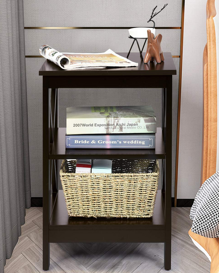 Nightstand 3-Tier X-Design W/Storage Shelves and Stable Structure Storage Organizer Display Sofa Side Table