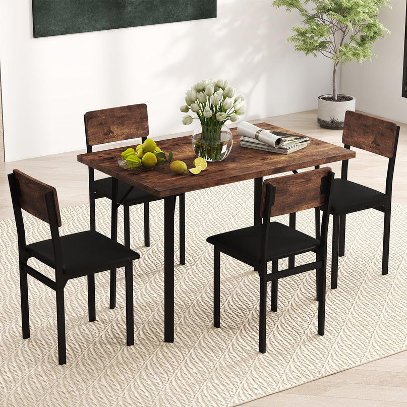 Giantex Industrial Kitchen Table and 4 PU Leather Upholstered Chairs with Metal Leg