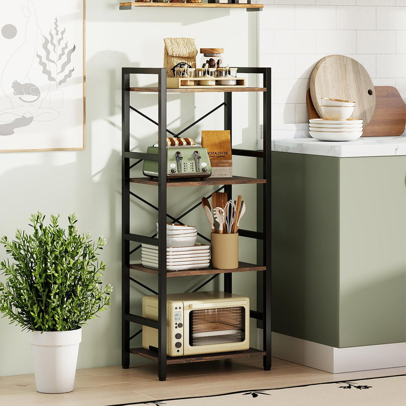 4-Tier Narrow Freestanding Display Shelf with Metal Frame & Wooden Storage Racks (1/2)