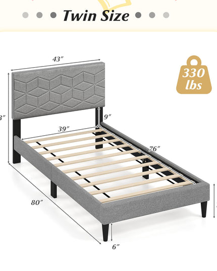 Lit plateforme moderne Giantex avec tête de lit géométrique en tissu de lin | Pas besoin de sommier tapissier