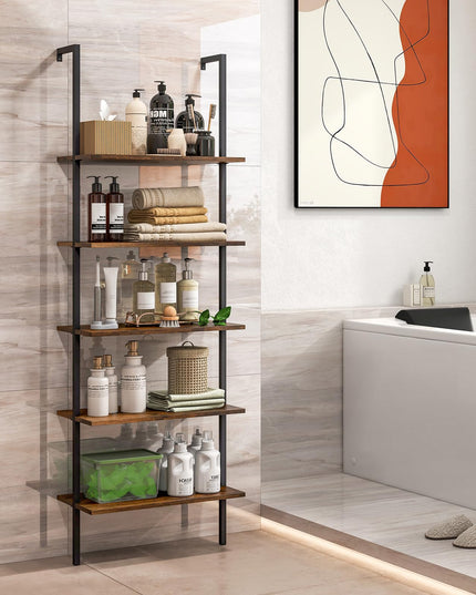 Giantex 5 Tier Modern Wall Mounted Bookshelf, 71'' White and Gold Wood Bookcase with Steel Frame
