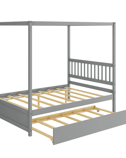 Giantex Canopy Bed w/ Trundle, Full Size Kids Solid Wood Platform Bed Frame