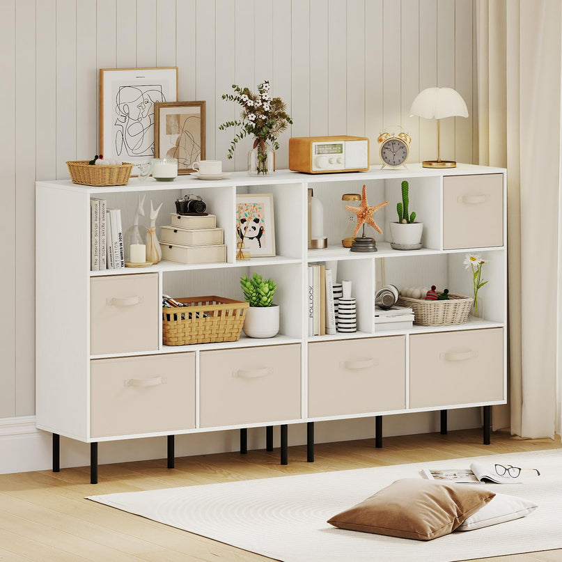 Giantex 3-Tier White Bookcase with 3 Removable Folding Fabric Drawers