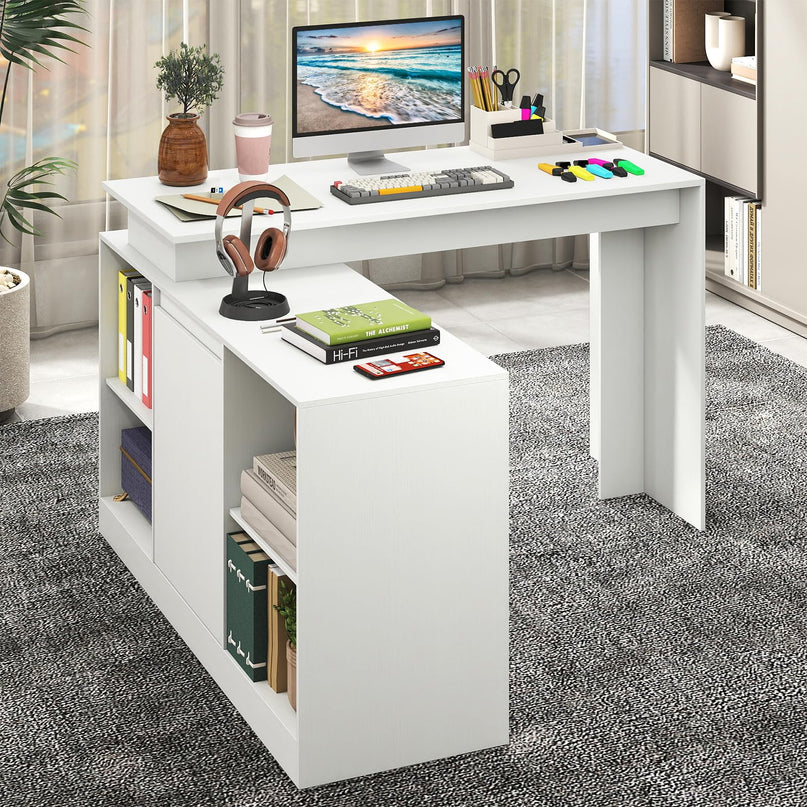 Giantex 48" Reversible L-Shaped Modern Corner Computer Desk with 2 Doors & 4 Open Storage Cubes