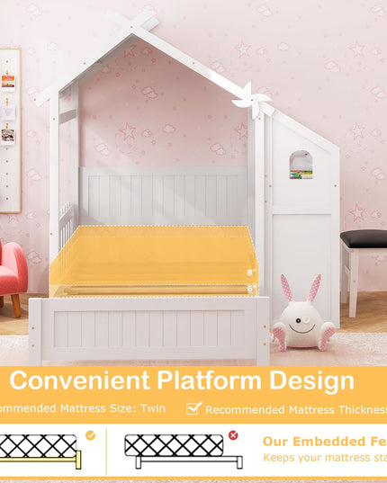 Giantex Twin House Bed with Desk & Chair, Wood Kids Playhouse Bed with 2 Drawers