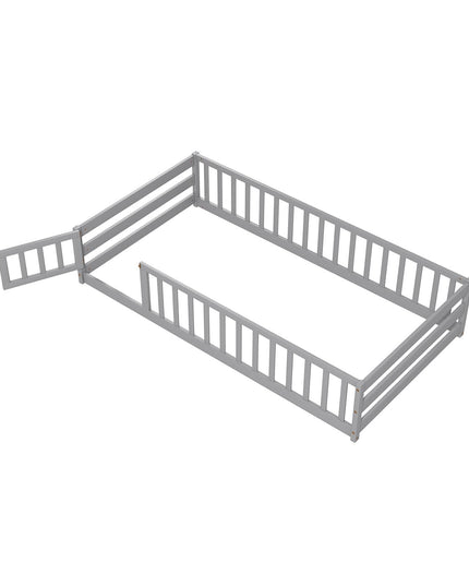 Giantex Twin Floor Bed with Door & Fence, Kids Wood Montessori Bed with Safety Guardrails