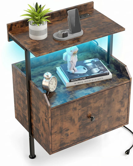 Giantex Nightstand w/Charging Station & LED Light for Bedroom Living Room Study