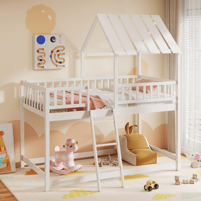 Giantex Twin Over Twin House Bunk Bed Low Loft Bed Frame