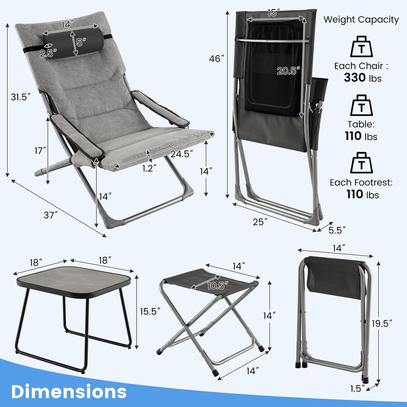 Giantex 5-Piece Patio Bistro Set, Folding Lounge Chairs with Footrest Stool & Side Table, Removable Cushion