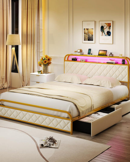Giantex Bed Frame with 4 Storage Drawers and Charging Station